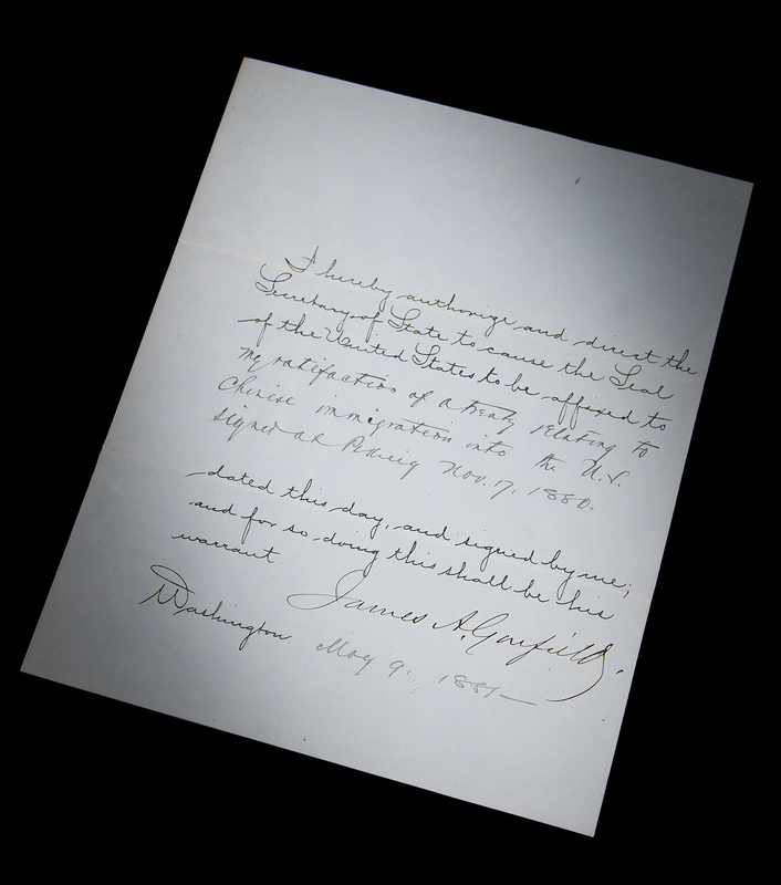 Lot 15 James A. Garfield Document Signed as President for the Ratification of ?a treaty relating to Chinese immigration?