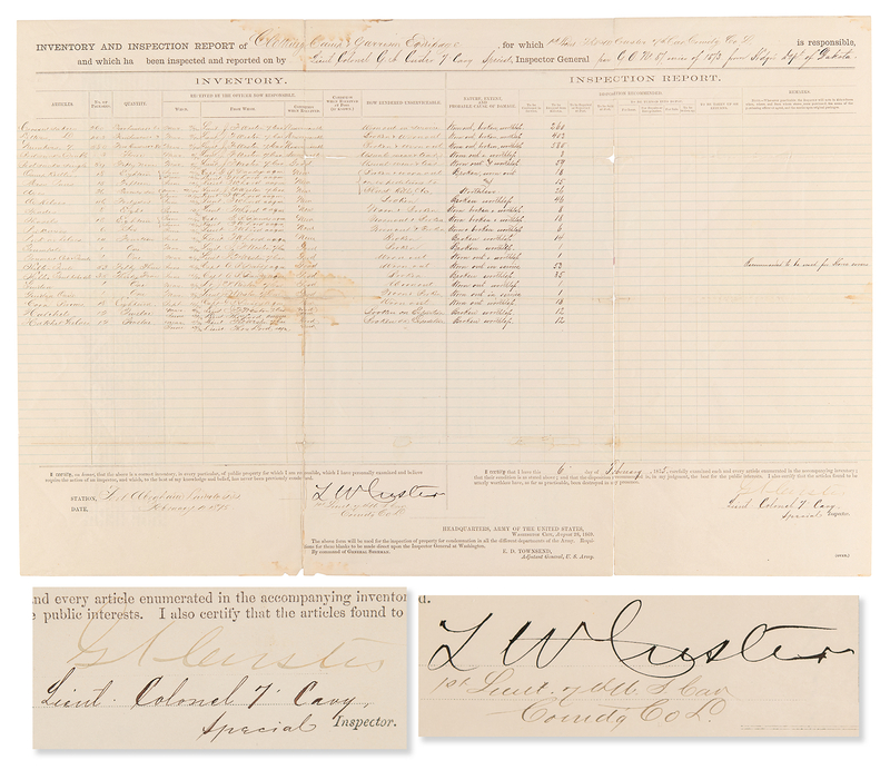 Lot 444 George A. Custer and Thomas W. Custer Document Signed - 7th Cavalry Inventory Report at Fort Abraham Lincoln