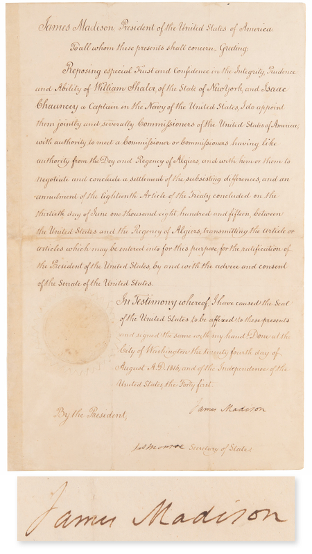 Lot 4 James Madison and James Monroe Document Signed, Appointing Peace Commissioners after the Second Barbary War