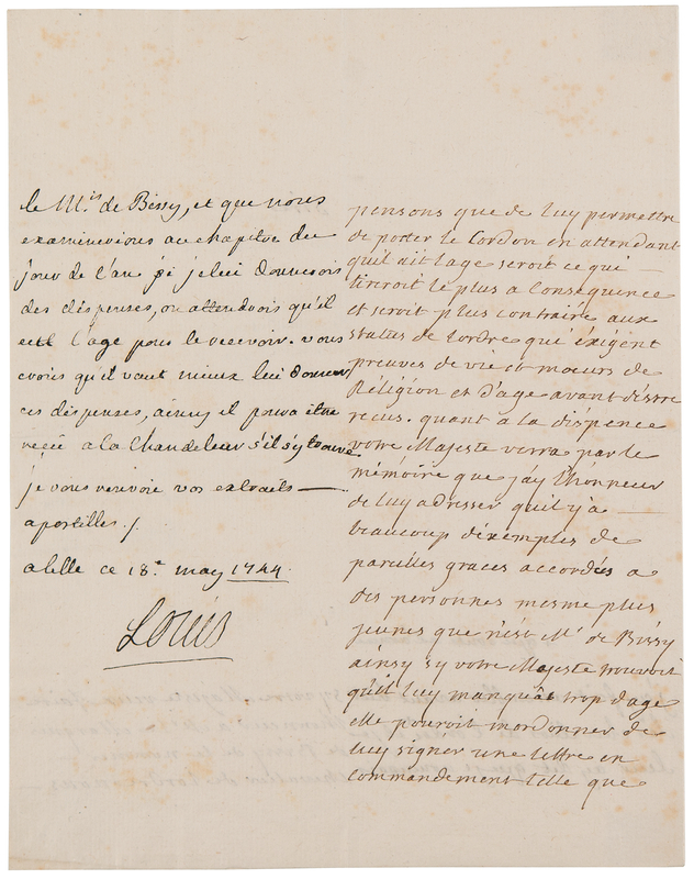Lot 372 King Louis XV Autograph Letter Signed on the Ordination of a Knight