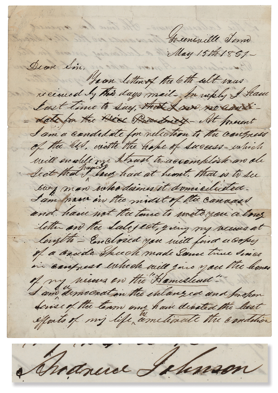 Lot 14 Andrew Johnson Autograph Letter Signed on His Campaign for Congress and a Potential Vice Presidency: 