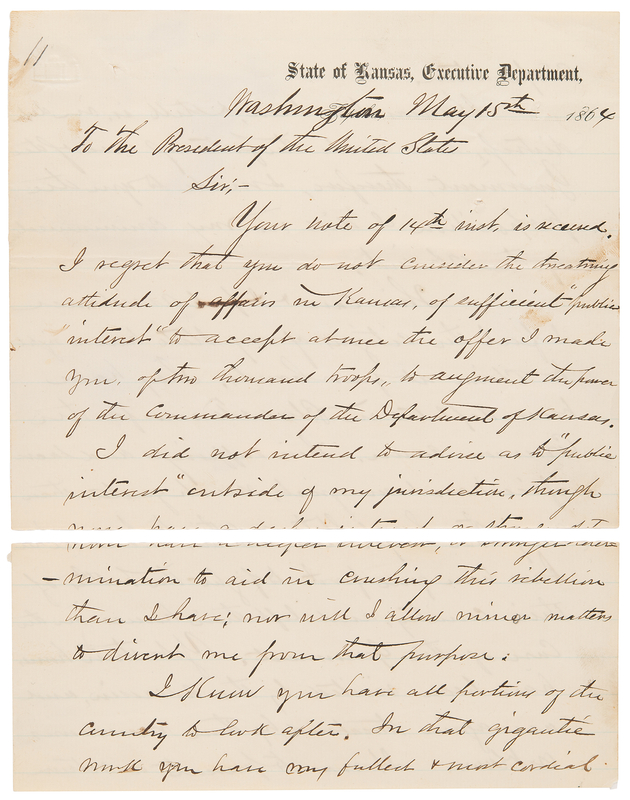 Lot 156 [Abraham Lincoln]: Thomas Carney Civil War-Dated Autograph Letter Signed as Governor, Requesting Federal Assistance for Kansans: 