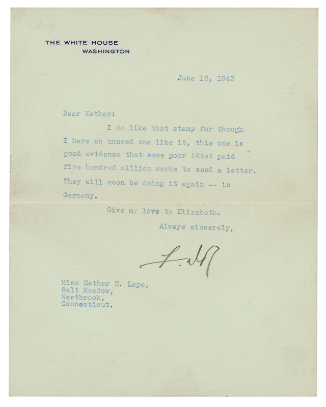 Lot 181 Franklin D. Roosevelt Typed Letter Signed as President on Stamp Collecting and German Hyperinflation: 
