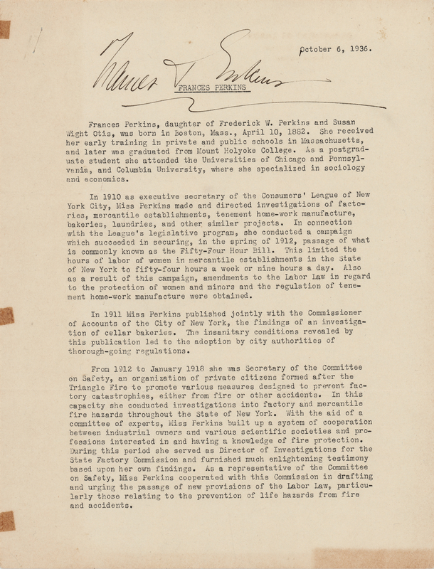 Lot 389 Frances Perkins Signed Biographical Typescript
