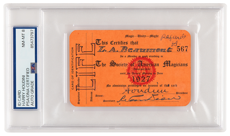 Lot 807 Harry Houdini Signed 1927 Society of American Magicians Membership Card - PSA NM-MT 8