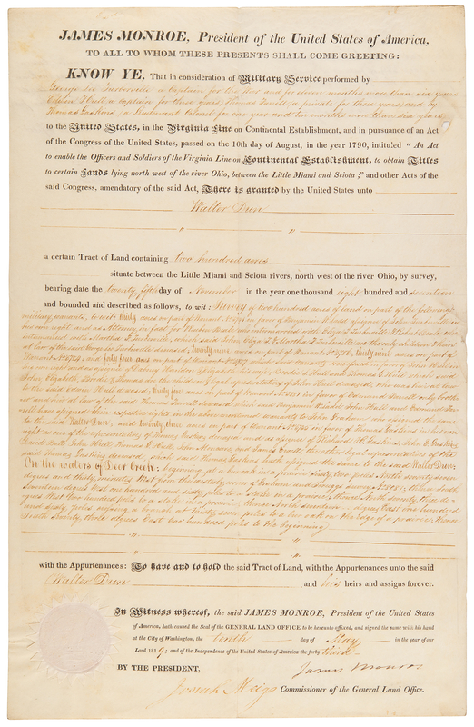 Lot 160 James Monroe Document Signed as President - Land Grant for Continental Army Service