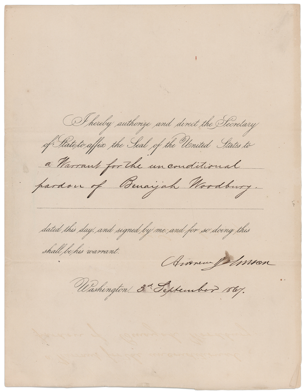 Lot 115 Andrew Johnson Document Signed as President, Pardoning a Counterfeiter