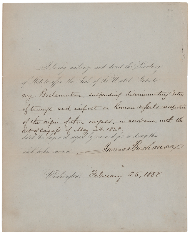 Lot 67 President James Buchanan Suspends Duties on Vessels and Goods from the Papal States