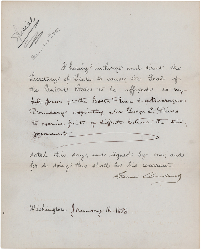 Lot 79 Grover Cleveland Document Signed as President, Examining a Boundary Dispute Between Costa Rica and Nicaragua