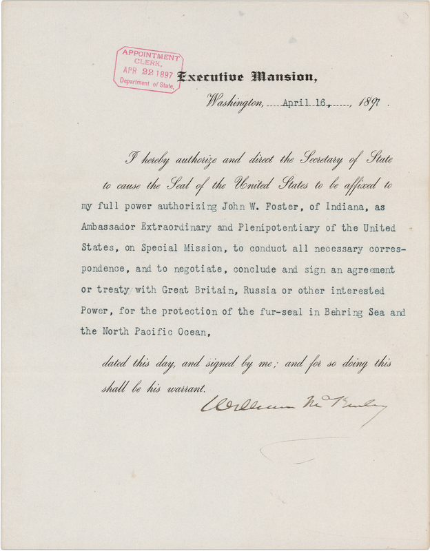Lot 158 President William McKinley Treats with Russia and Great Britain on the Protection of Fur Seals in the Bering Sea and North Pacific Ocean