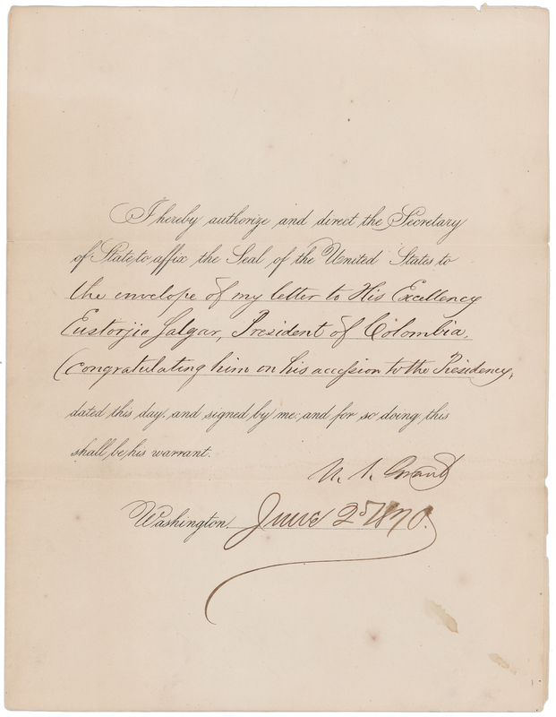 Lot 104 U. S. Grant Document Signed as President, Congratulating the New President of Colombia