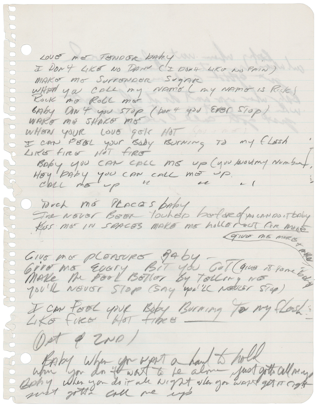 Lot 673 Rick James Original Handwritten Song Lyrics for 'Call Me Up'
