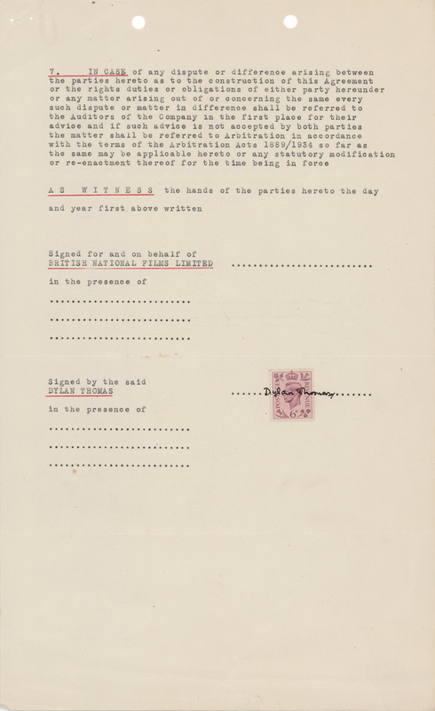 Lot 654 Dylan Thomas Document Signed for a Screenplay Based on 'No Room at the Inn'