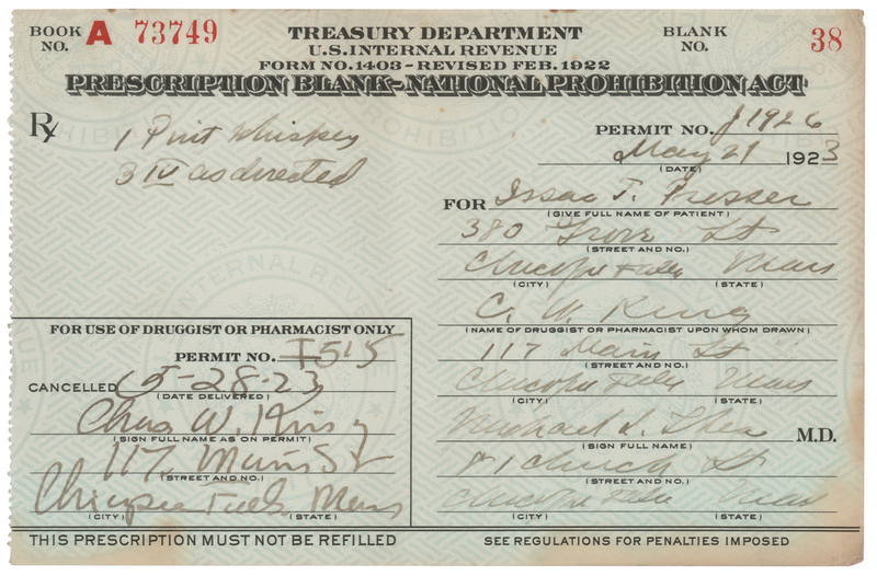 Lot 400 Prohibition: 1923 Liquor Prescription for Whiskey