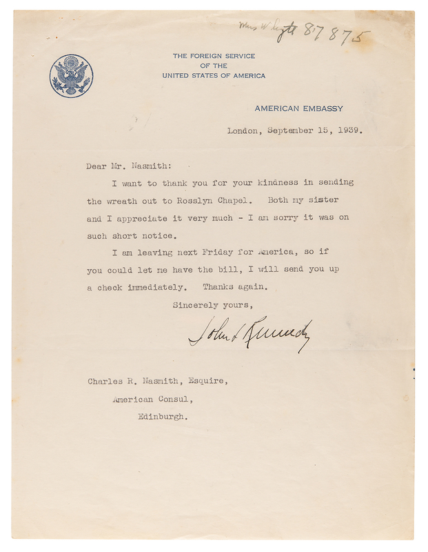 Lot 33 John F. Kennedy Typed Letter Signed on a Memorial for a WWII RAF Airman Killed in Active Service, Two Weeks After Hitler's Invasion of Poland