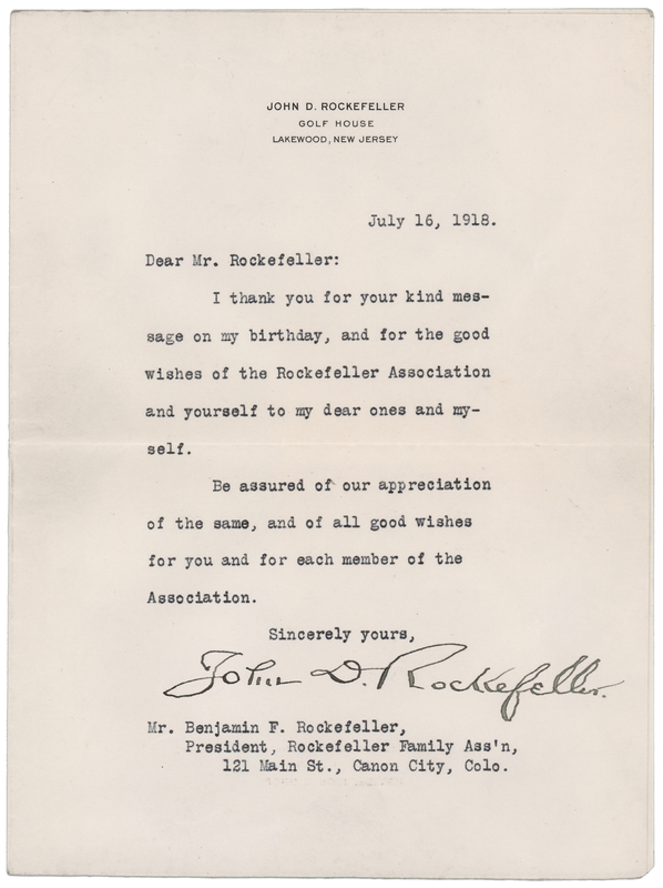 Lot 411 John D. Rockefeller Typed Letter Signed