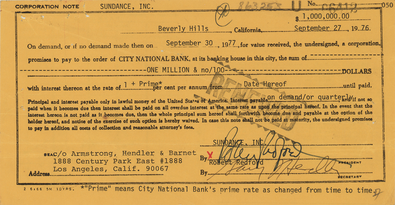 Lot 907 Robert Redford Signed '$1,000,000 Loan' Document as President of Sundance, Inc. (September 1976)
