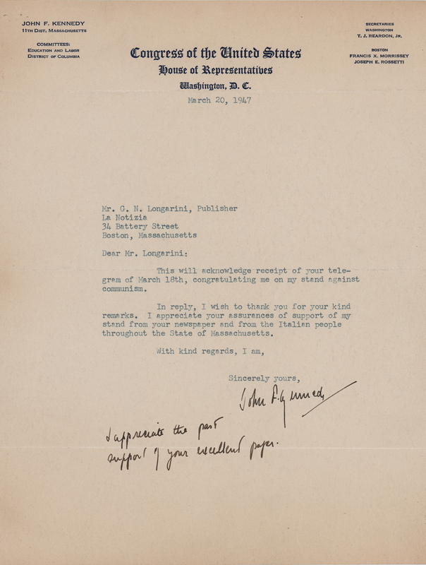 Lot 48 John F. Kennedy Typed Letter Signed, Thanking a Boston News Publisher for Support on His Stand Against Communism