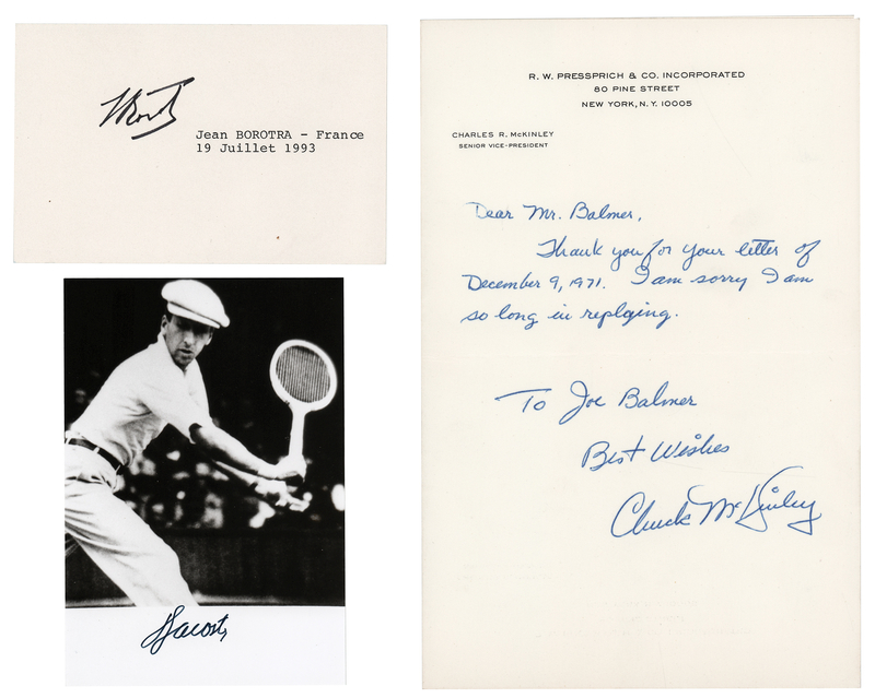 Lot 962 Tennis (3) Signed Items - Rene Lacoste, Jean Borotra, and Chuck McKinley