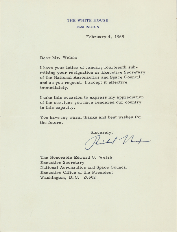 Lot 166 Richard Nixon Typed Letter Signed as President, Accepting the Resignation of the Executive Secretary of the National Aeronautics and Space Council