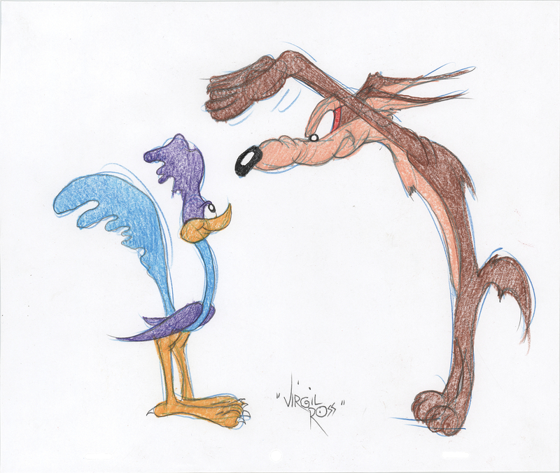 Lot 601 Virgil Ross Signed Original Drawing of Wile E. Coyote and Road Runner