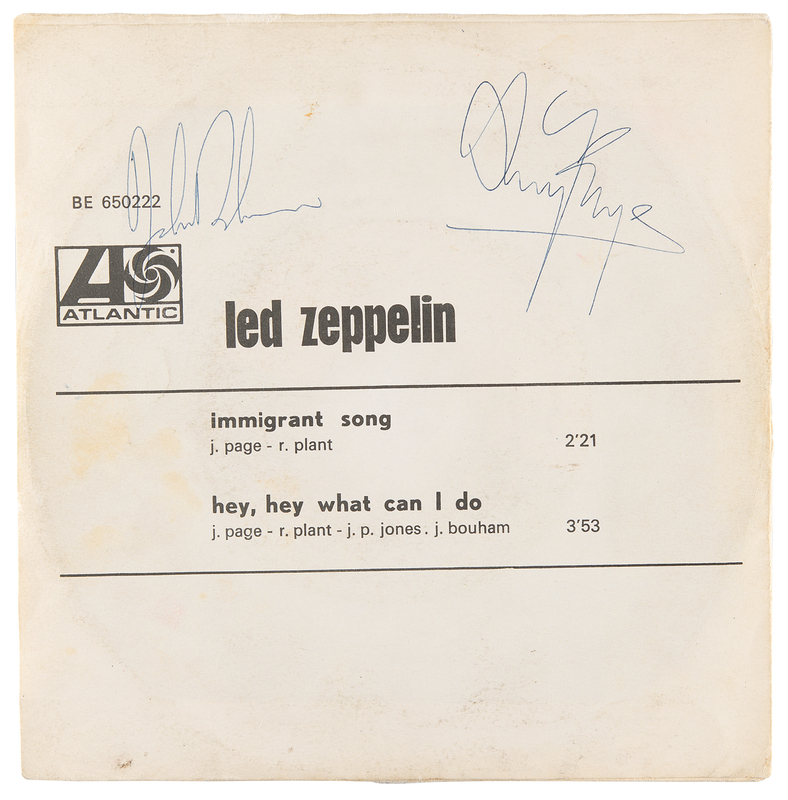Lot 674 Led Zeppelin: John Bonham and Jimmy Page Signed 45 RPM Single - 'Immigrant Song'