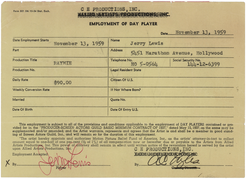 Lot 894 Jerry Lewis Document Signed for the Song 'Raymie'