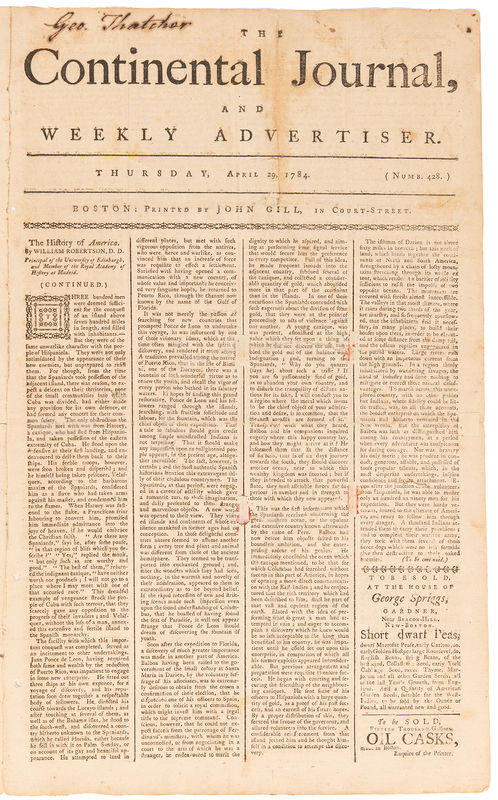 Lot 432 George Washington: The Continental Journal and Weekly Advertiser from April 29, 1784