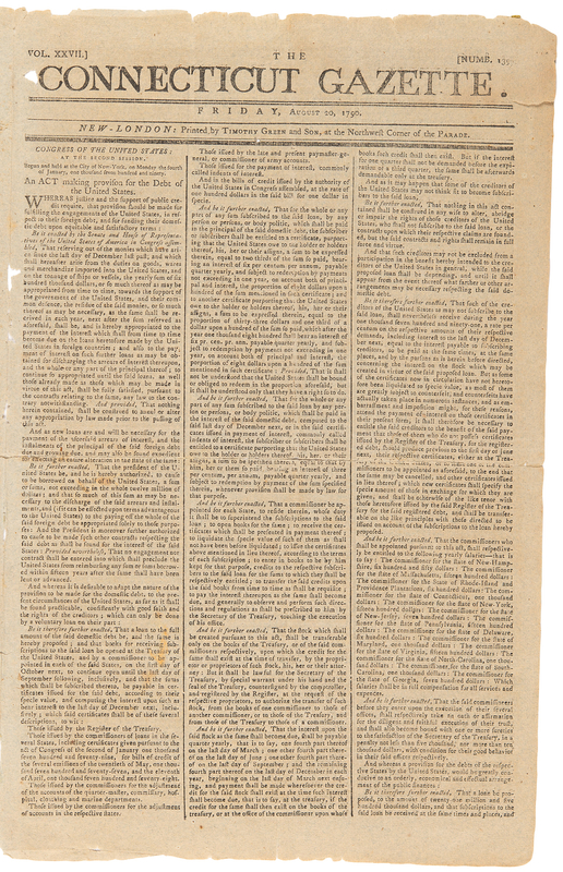 Lot 336 Funding Act of 1790: The Connecticut Gazette from August 20, 1790