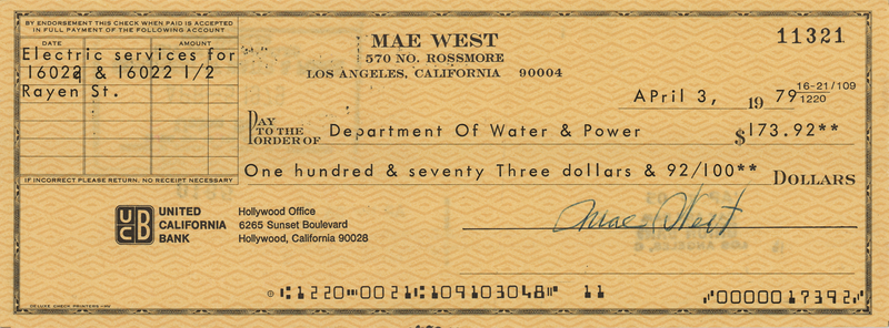 Lot 929 Mae West Signed Check