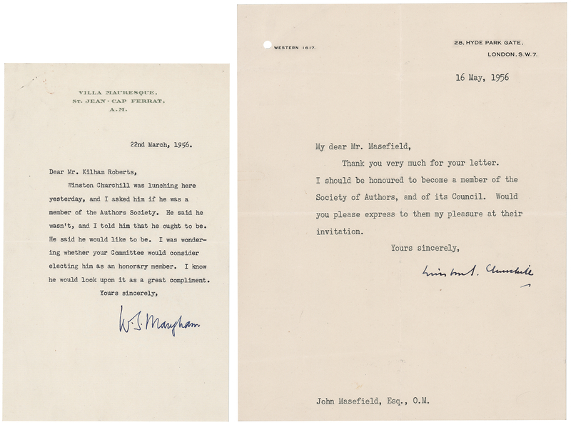 Lot 233 Winston Churchill and W. Somerset Maugham (2) Typed Letters Signed on Membership in the Society of Authors