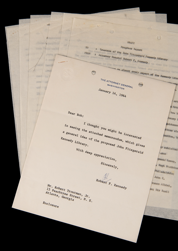 Lot 219 Robert F. Kennedy Typed Letter Signed and Draft Memorandum for the Proposed John Fitzgerald Kennedy Library