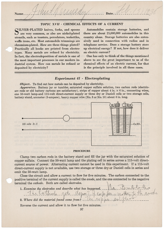 Lot 43 John F. Kennedy Signed Physics Laboratory Worksheet from Choate