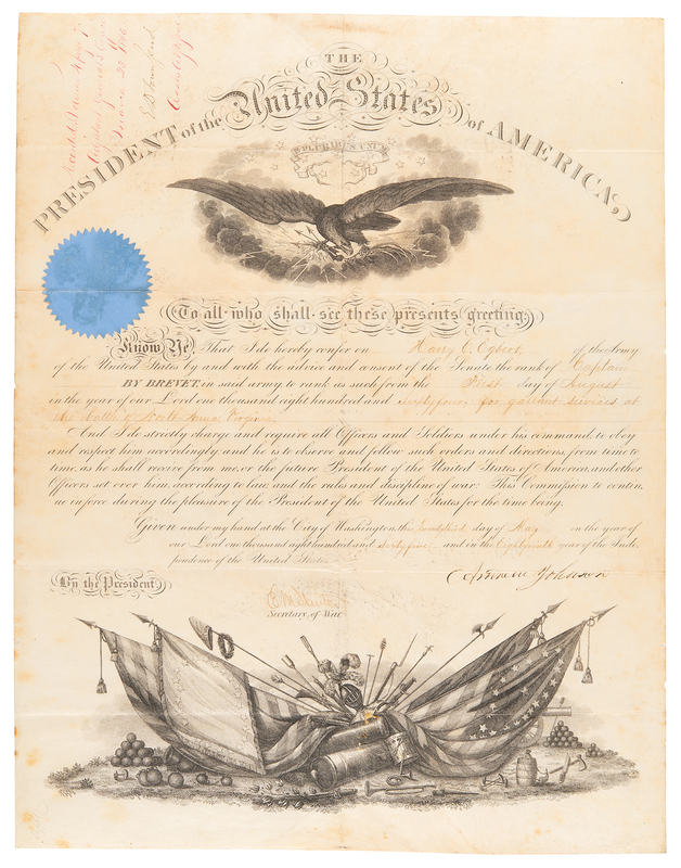 Lot 116 President Andrew Johnson Approves a Captainship for “gallant services at the battle of North Anna, Virginia”