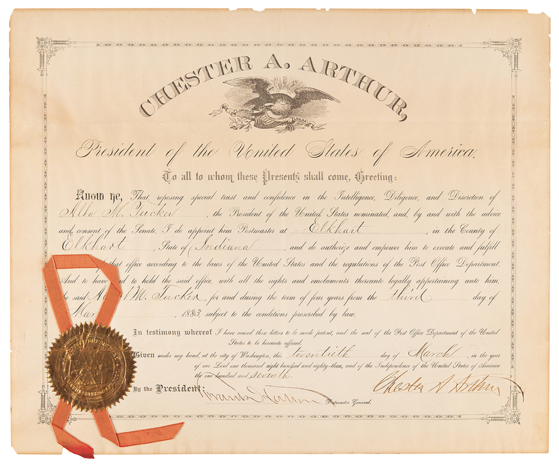 Lot 63 Chester A. Arthur Document Signed as President