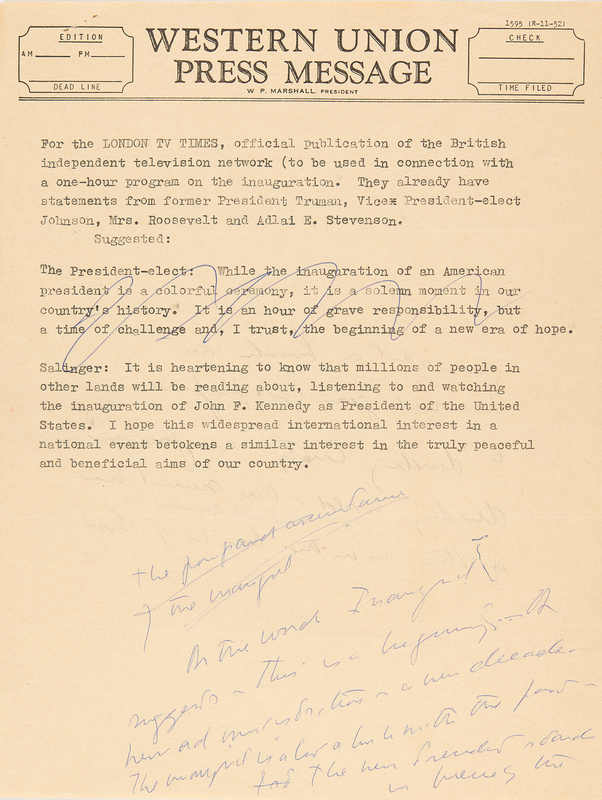Lot 34 John F. Kennedy Handwritten Statement as President-Elect (January 4, 1961) - Early Basis for His Inaugural Address