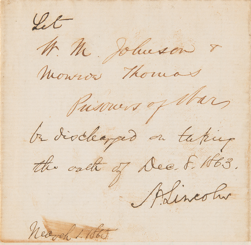 Lot 12 Abraham Lincoln Civil War-Dated Autograph Endorsement as President, Approving the Parole of Two Confederate 