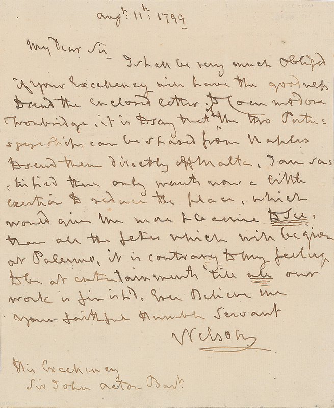 Lot 448 Horatio Nelson Autograph Letter Signed, Redirecting His Mediterranean Fleet