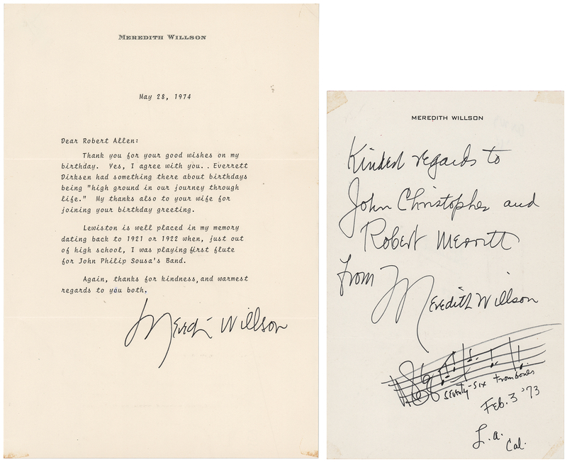 Lot 732 Meredith Willson (2) Signed Items - Typed Letter and Autograph Musical Quotation