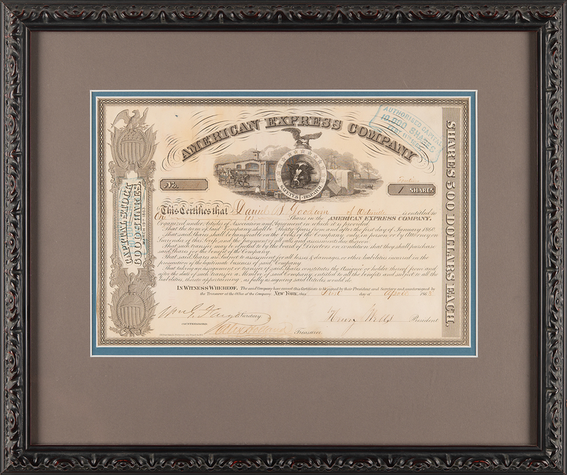 Lot 434 Henry Wells and William Fargo Signed American Express Company Stock Certificate (1863)
