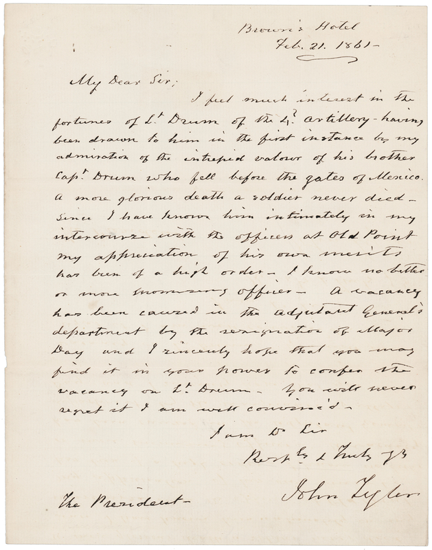 Lot 9 John Tyler Autograph Letter Signed to President James Buchanan, Petitioning for an Officer's Promotion, Citing His Brother 