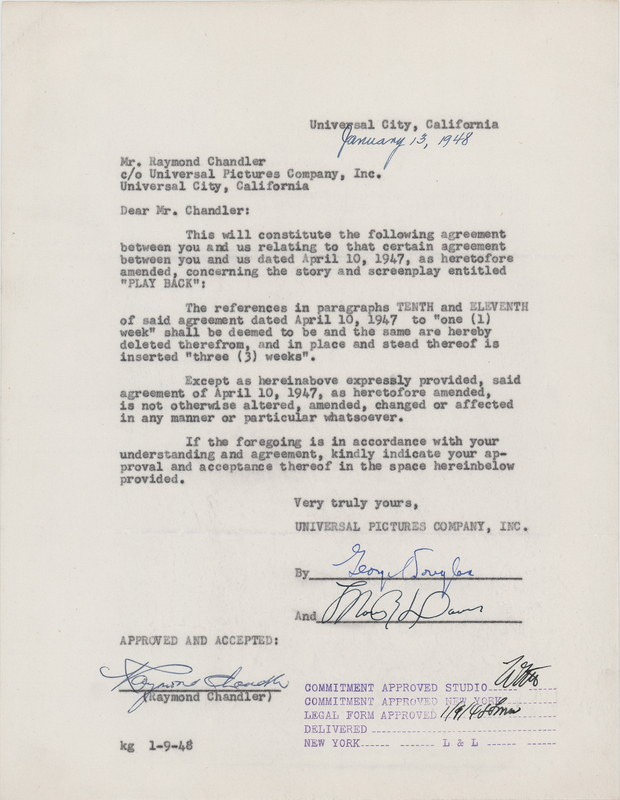 Lot 623 Raymond Chandler Document Signed