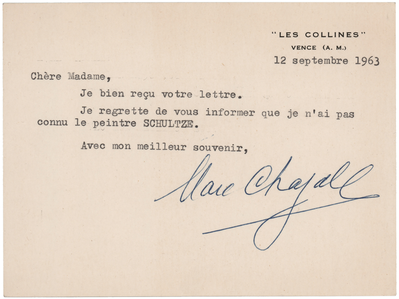 Lot 582 Marc Chagall Typed Note Signed