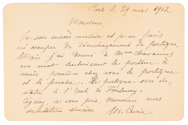 Lot 274 Marie Curie Autograph Letter Signed, Dated Shortly After the Reception of Her Second Nobel Prize