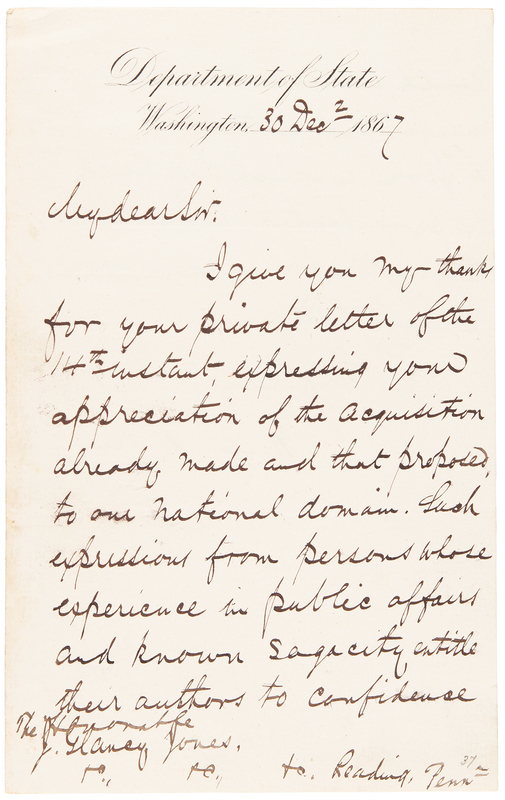 Lot 220 William Seward Letter Signed on the Alaska Purchase, Referring to 