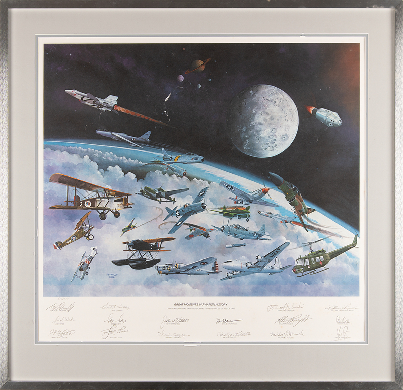 Lot 493 Great Moments in Aviation History Multi-Signed (15) Print with Armstrong, Doolittle, Yeager, Tibbetts, and More (Ltd. Ed. #807/1100) - 24.5? x 23?