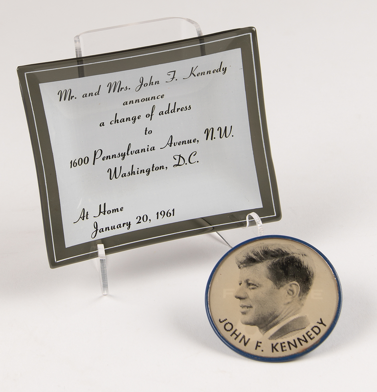 Lot 145 John F. Kennedy 'Change of Address' Inaugural Dish and Vari-Vue Campaign Button