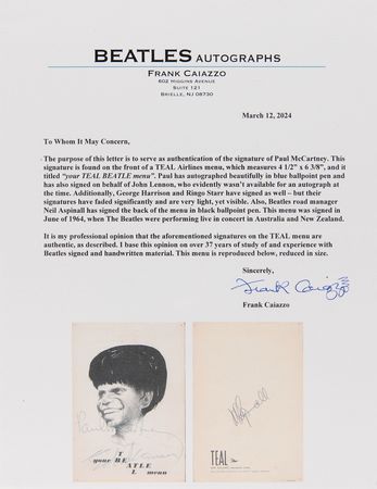 Lot #668 Beatles Signed Menu: McCartney, Harrison, Starr, and Aspinall - Image 4