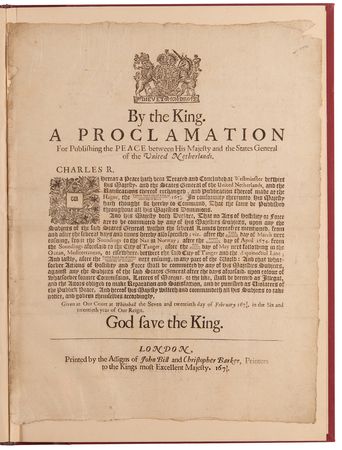 Lot #242 King Charles II: Broadside Proclaiming the 1674 Treaty of Westminster, Which Returned New York to Great Britain - Image 1