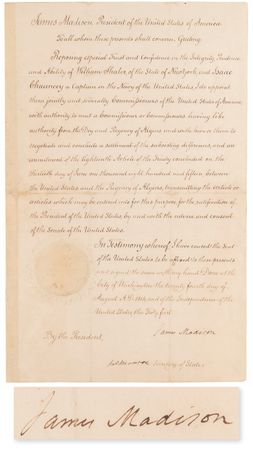 Lot #4 James Madison and James Monroe Document Signed, Appointing Peace Commissioners after the Second Barbary War - Image 1